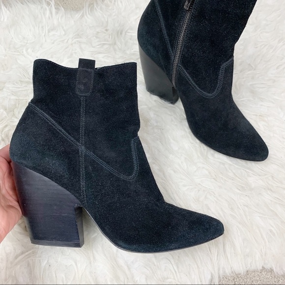 PELLE MODA Genuine Black Suede Chunky Stacked Heel Pointed Toe Zip Ankle Boots - Picture 2 of 12